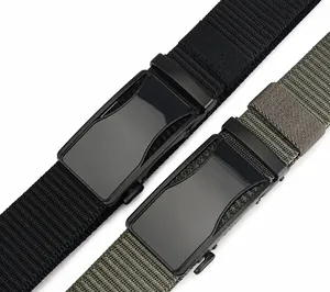 Detail view of nylon tactical belts with smooth matte metal buckles in black and olive green