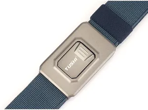 Detailed close-up of quick-release alloy buckle and navy nylon elastic belt texture