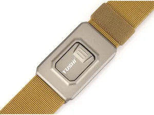 Detail of khaki nylon tactical belt with quick-release matte titanium alloy buckle