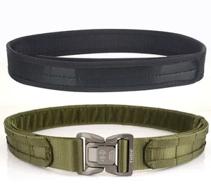 Detail of olive green tactical belt with quick-release alloy buckle and black inner band