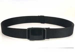 Detail of black nylon tactical belt featuring a metal quick release automatic buckle