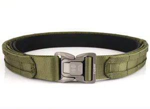 Detail of army green tactical belt showing the quick-release alloy buckle and MOLLE nylon