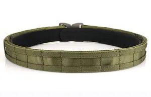 Detail of army green tactical Molle battle belt with durable alloy quick release buckle