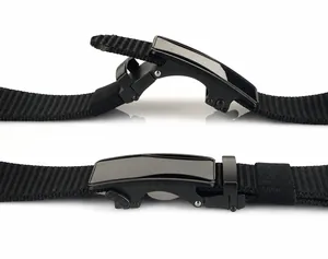 Detail of black nylon woven belt with matte metal automatic buckle and non-slip texture