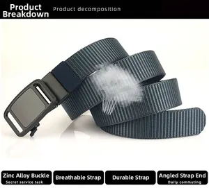 Detailed close-up of matte black zinc alloy buckle and breathable grey nylon belt strap
