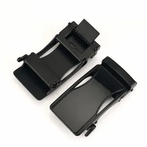 Detail view of zinc alloy automatic belt buckles with black matte finish for nylon belts