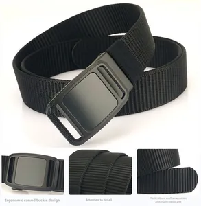 Detailed macro view of ergonomic curved buckle and high-density woven nylon belt texture