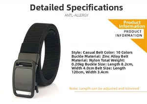 Detailed specs of the black nylon belt with zinc alloy buckle and anti-allergy features