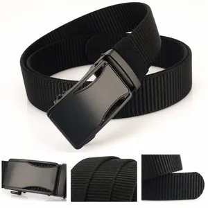 Detailed views of men's nylon belt with matte alloy automatic buckle and textured strap