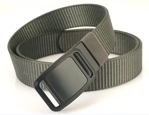Close-up of army green nylon tactical belt with black matte automatic alloy buckle
