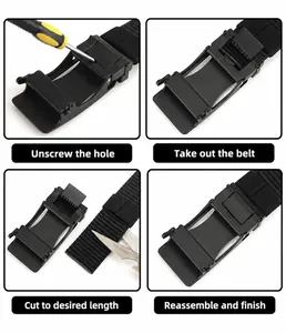 Detailed steps for trimming the adjustable nylon belt with matte black metal buckle