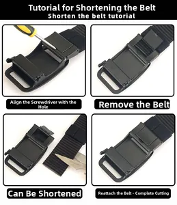 Detailed guide showing how to trim and adjust the nylon belt length with metal buckle