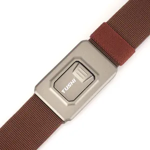 Men's tactical nylon elastic belt with quick-release aluminum alloy buckle shown in close-up