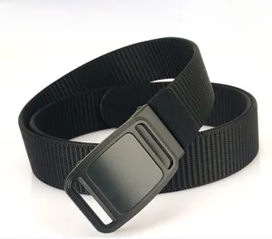 Detailed view of heavy-duty black nylon webbing and matte black alloy buckle for men