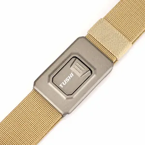 Tactical nylon stretch belt with quick-release aluminum buckle in khaki sand color