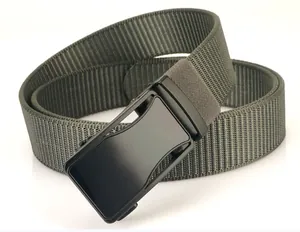 Close-up of military green nylon belt with matte black automatic buckle and texture
