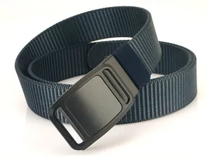 Close-up of navy blue nylon woven belt with a matte black automatic alloy buckle