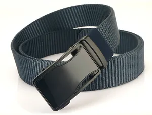 Detail of grey-blue nylon woven strap with a matte black metal automatic buckle