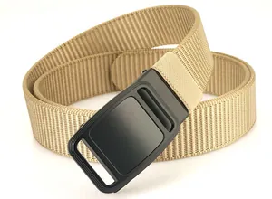 Detail of khaki nylon tactical belt with matte black automatic slide buckle for men
