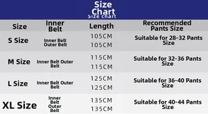 Tactical belt size guide showing lengths from 105 to 135 cm and waist size suggestions