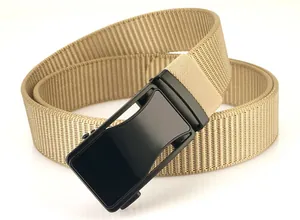 Detail of khaki nylon belt with black matte alloy automatic buckle for men