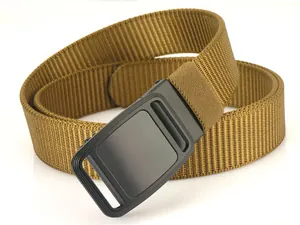 Close-up of khaki nylon tactical belt with high-density weave and matte black buckle