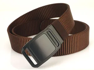 Detail of dark brown nylon belt featuring high-density weave and matte black alloy buckle