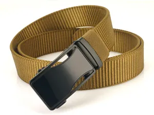 Detailed macro of khaki high-density nylon tactical belt with matte black metal buckle