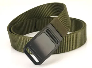 Detail view of army green nylon tactical belt featuring smooth black automatic alloy buckle