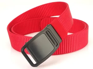 Detail of red nylon tactical belt with matte black automatic buckle for outdoor casual wear