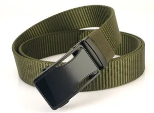 Detail of army green nylon tactical belt with black matte metal automatic buckle
