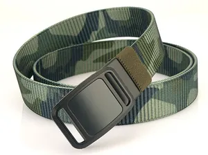 Detail of tactical nylon belt with jungle camouflage pattern and black alloy buckle