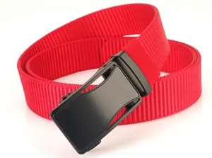 Detailed view of red nylon woven belt with a matte black metal automatic slide buckle