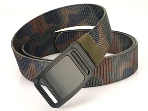 Close-up of tactical nylon camouflage belt with matte black automatic metal buckle