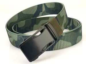 Close-up of jungle camo nylon belt with black matte metal automatic buckle for outdoor use