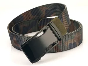 Detail of durable nylon weave camouflaged tactical belt with black matte metal buckle