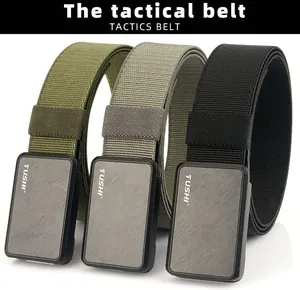 Close-up of tactical nylon belts with heavy-duty aluminum quick-release buckles in three colors