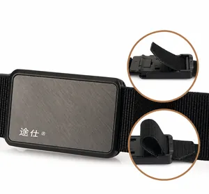 Detail of tactical nylon belt with quick-release alloy buckle and adjustable woven strap