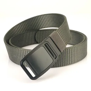 Army green nylon tactical outdoor belt for men with a matte black alloy buckle