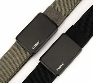 Detail of military tactical nylon belt featuring quick-release matte metal alloy buckle