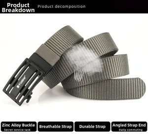 Détail de la ceinture en nylon gris avec boucle en zinc et texture tissée respirante