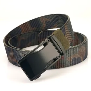 Men's tactical camouflage nylon belt with dark grey metal automatic buckle in diagonal view