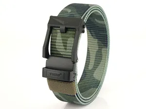 Close-up of tactical camo nylon weave belt with a matte black buckle and brand logo