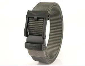 Detail view of military green nylon tactical belt with a matte black automatic buckle