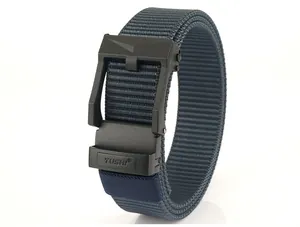 Detail of grey nylon tactical belt with black matte automatic slide buckle for men