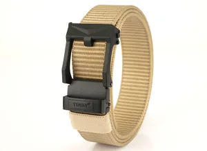 Detailed view of khaki nylon tactical belt with a matte black automatic slide buckle