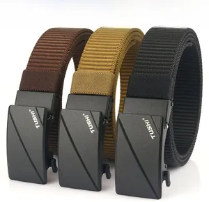 Three men's tactical nylon belts in black, khaki, and coffee with matte automatic buckles
