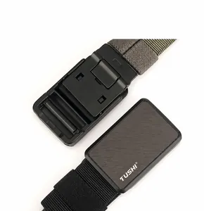 Detail view of the black tactical aluminum buckle and durable nylon web belt webbing
