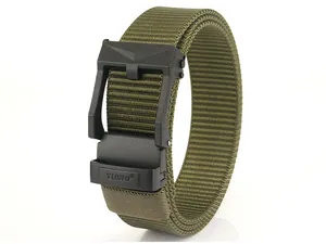 Close-up of olive green tactical nylon belt showing woven texture and black buckle