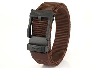 Detail shot of men's nylon tactical belt with a matte black automatic buckle and TUSHI logo